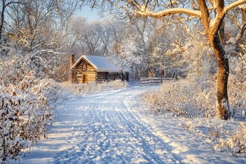 snowy path to wooden cabin nestled among snow-laden pines, overcast light, untouched snowdrifts, faint footprints leading to warm window glow, remote retreat