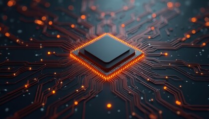 Central processing unit with glowing circuits. Microchip transmits digital data through network connections. Computer chip powers innovation and information systems. Advanced tech connects devices.