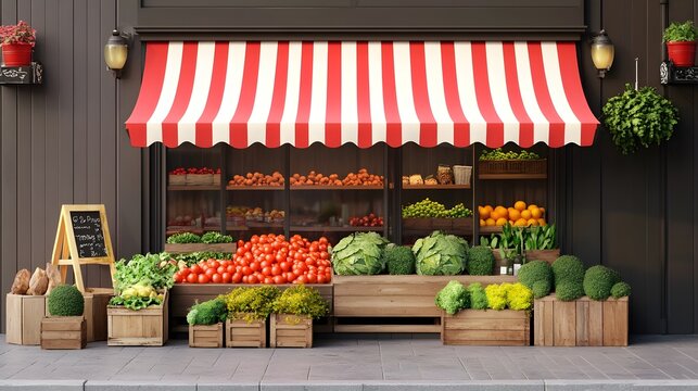 Red striped awning over a produce stand with fresh vegetables - Powered by Adobe