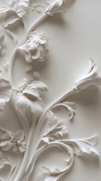 A detailed close-up of a white sculpted floral relief showcasing various blooming flowers, leaves, and swirling ivy vines, creating a rich, organic texture.