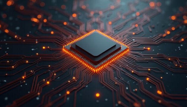 Central processing unit with glowing circuits. Microchip transmits digital data through network connections. Computer chip powers innovation and information systems. Advanced tech connects devices.