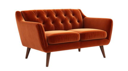 Tufted orange velvet sofa isolated on a transparent background 1