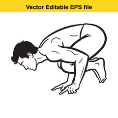 Naklejka premium Black and white line art vector illustration of a man performing the yoga pose bakasana or crane pose, isolated on white background