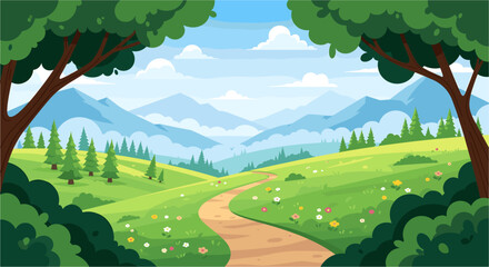 Obraz premium Winding pathway through lush green meadows framed by trees, leading towards distant majestic mountains under a clear blue sky with fluffy white clouds, an idyllic nature scene.