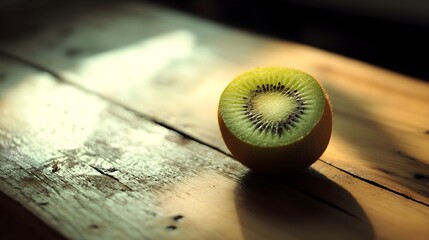 Single kiwi fruit half on weathered wooden planks sliced