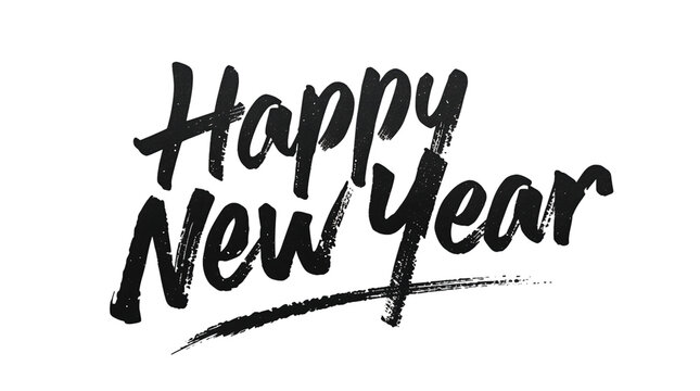 A digital rendering of the phrase happy new year in a stylized cursive font on a black background