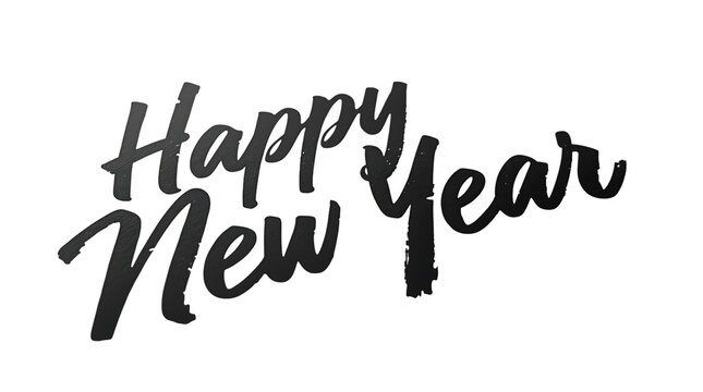 A grayscale image displaying the phrase happy new year in a decorative cursive font on black background