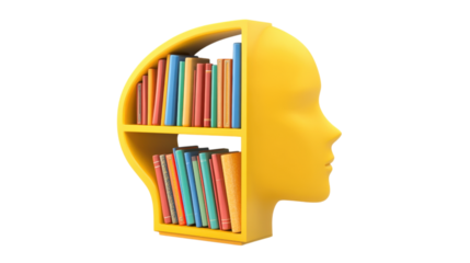 Yellow head bookshelf with colorful books isolated on a transparent background