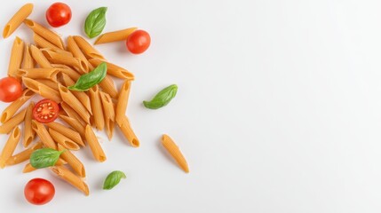 pasta, cherry tomatoes, and basil white background copy space
