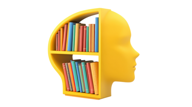 Yellow head bookshelf with colorful books isolated on a transparent background