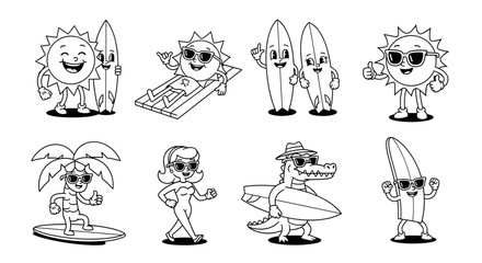 Retro cartoon summer and surf characters. black and white line art of a sun, surfboards, stylish woman, alligator, and surfing palm tree.