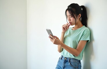 Young Asian woman stares at cell phone with puzzled look. Leans on clean white wall, considering info displayed. Seems deep in thought, processing new problem message on tech device, facing important