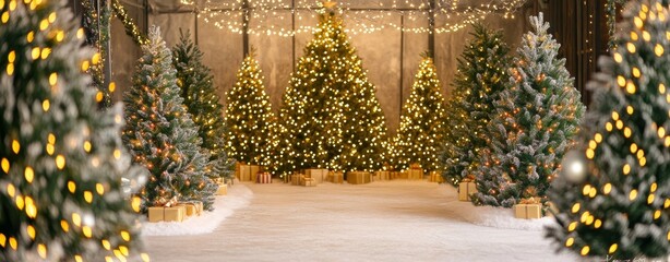 Winter wonderland with shiny golden lights garland decorated Christmas trees --ar 18:7 --v 6.1 Job ID: e93e1740-dde8-43c1-b89c-a7a523257a75