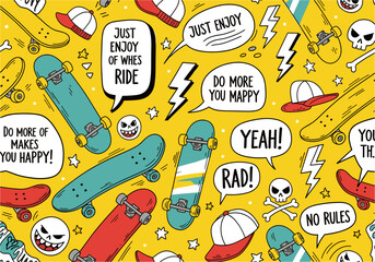 Youthful street art seamless pattern with hand drawn skateboards, edgy skulls, lightning bolts, caps, and fun speech bubbles on a bright yellow background.