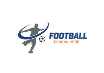 Dynamic soccer player silhouette kicking football with a blue energetic swoosh and prominent 'football' typography, ideal for sports branding and events.