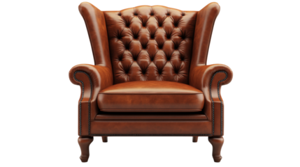 Brown Leather Wingback Armchair isolated on a transparent background