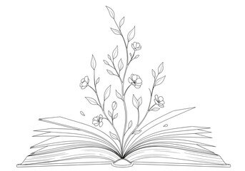 Open book with a blossoming plant, branches, leaves, and small flowers growing from its pages, a symbol of knowledge, learning, and organic growth, isolated illustration.