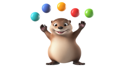 Cartoon otter juggling colorful balls isolated on a transparent background