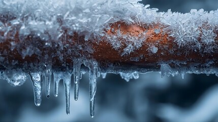 frozen copper pipe with frost crystals and icicles illustrating cold-weather plumbing damage
