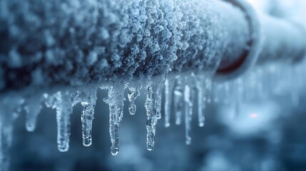frozen copper pipe with frost crystals and icicles illustrating cold-weather plumbing damage