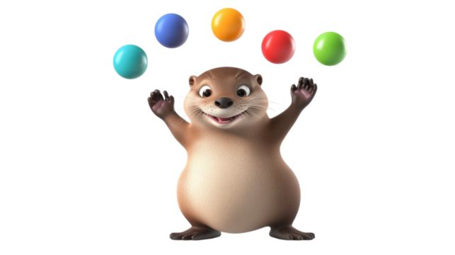 Cartoon otter juggling colorful balls isolated on a transparent background