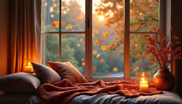 Cozy autumn window with candles and decorative blanket
