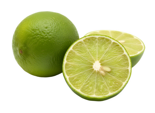 Fresh green limes whole and sliced with transparent background