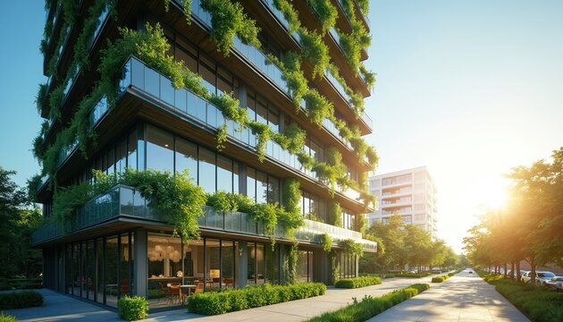 Modern eco building facade with balcony gardens on sunny summer day. Green urban city architecture with trees and plants. Sustainable living space concept with glass windows and copy space. - Powered by Adobe
