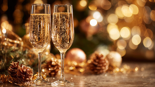 Sparkling champagne glasses with bokeh lights and festive decorations, elegant celebration mood