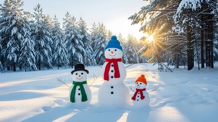 Snowman Trio in Sunlit Pines. Three cheerful snowmen with colorful hats and scarves bask in golden forest light on snowy ground.