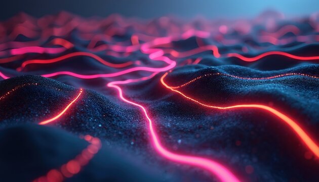 Abstract neon lines flow across dark textured landscape. Futuristic digital waves glow with vibrant pink and orange energy, creating a dynamic cybernetic scene. Modern technology art.