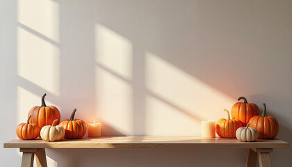 Pumpkins on wooden table with candles and soft shadows
