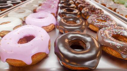 トレイに並んだカラフルなドーナツ
