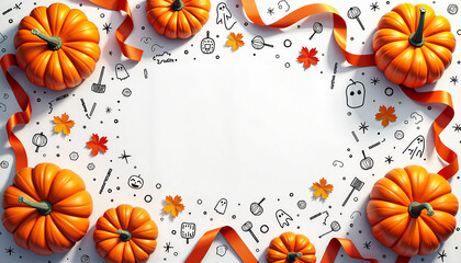 Pumpkins and autumn leaves on Halloween-themed background
