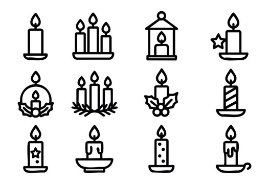 Christmas Candle line icons — various festive candles, advent wreaths, and holiday lanterns — stock vector. - Powered by Adobe