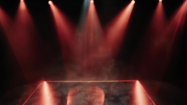 Dramatic red stage lights illuminate a smoky, textured platform in a dark space