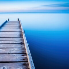 Fototapeta premium Calm blue waters meeting a weathered wooden pier structure stretching toward the horizon, evoking deep solitude and tranquility, tranquil, atmosphere, rest