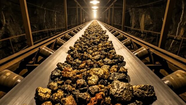 Video, industry and mining, conveyors transporting rare earth, gold, coal, for educational and illustrative purposes, material, illustration,