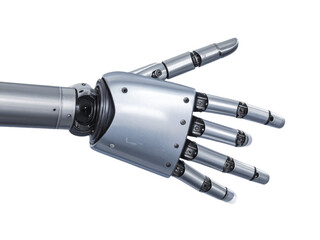 Futuristic silver metallic robot hand showing open palm gesture