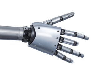 Futuristic silver metallic robot hand showing open palm gesture