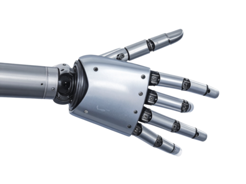 Futuristic silver metallic robot hand showing open palm gesture