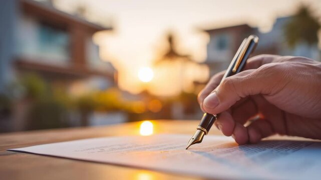 A person is writing with a pen on a piece of paper. The scene is set in a city with a beautiful sunset in the background. The person appears to be in a contemplative mood