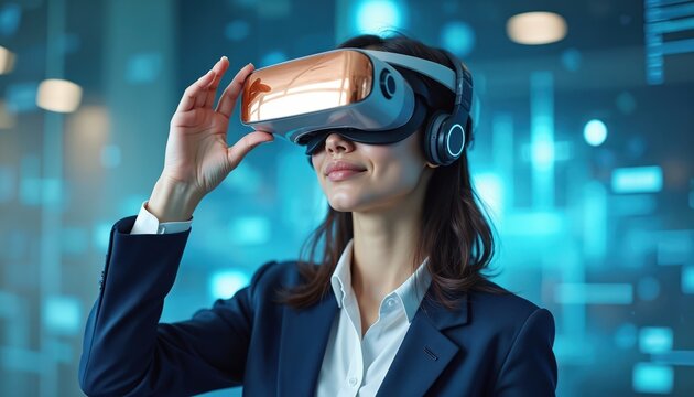 Woman wears virtual reality headset. She explores digital world via immersive VR goggles. Person experiences metaverse cyberspace using futuristic tech. Future gaming simulation entertainment.