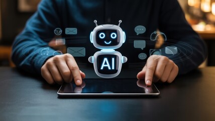 A futuristic AI bot with hands interacting with tablet