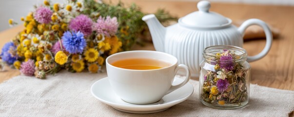 Fototapeta premium Cozy herbal tea moment with honey and dried flowers for relaxation and wellness