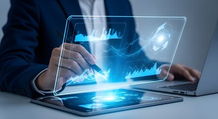 Businesswoman analyzing financial data on futuristic transparent screen with stylus