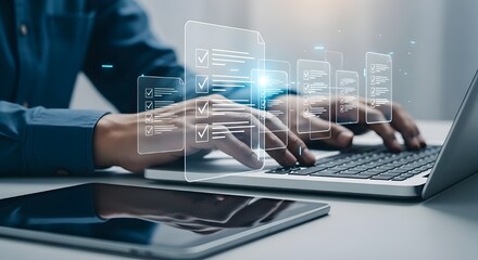 Man typing on laptop with digital data overlay for business analytics