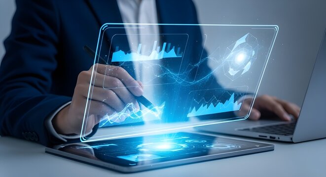 Businesswoman analyzing financial data on futuristic transparent screen with stylus