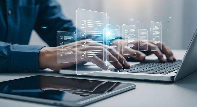 Man typing on laptop with digital data overlay for business analytics