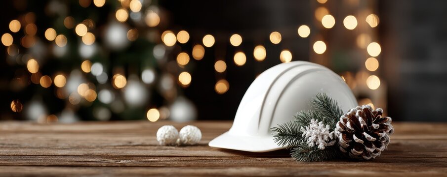 Festive construction theme with hard hat and christmas decor on rustic wooden table - Powered by Adobe